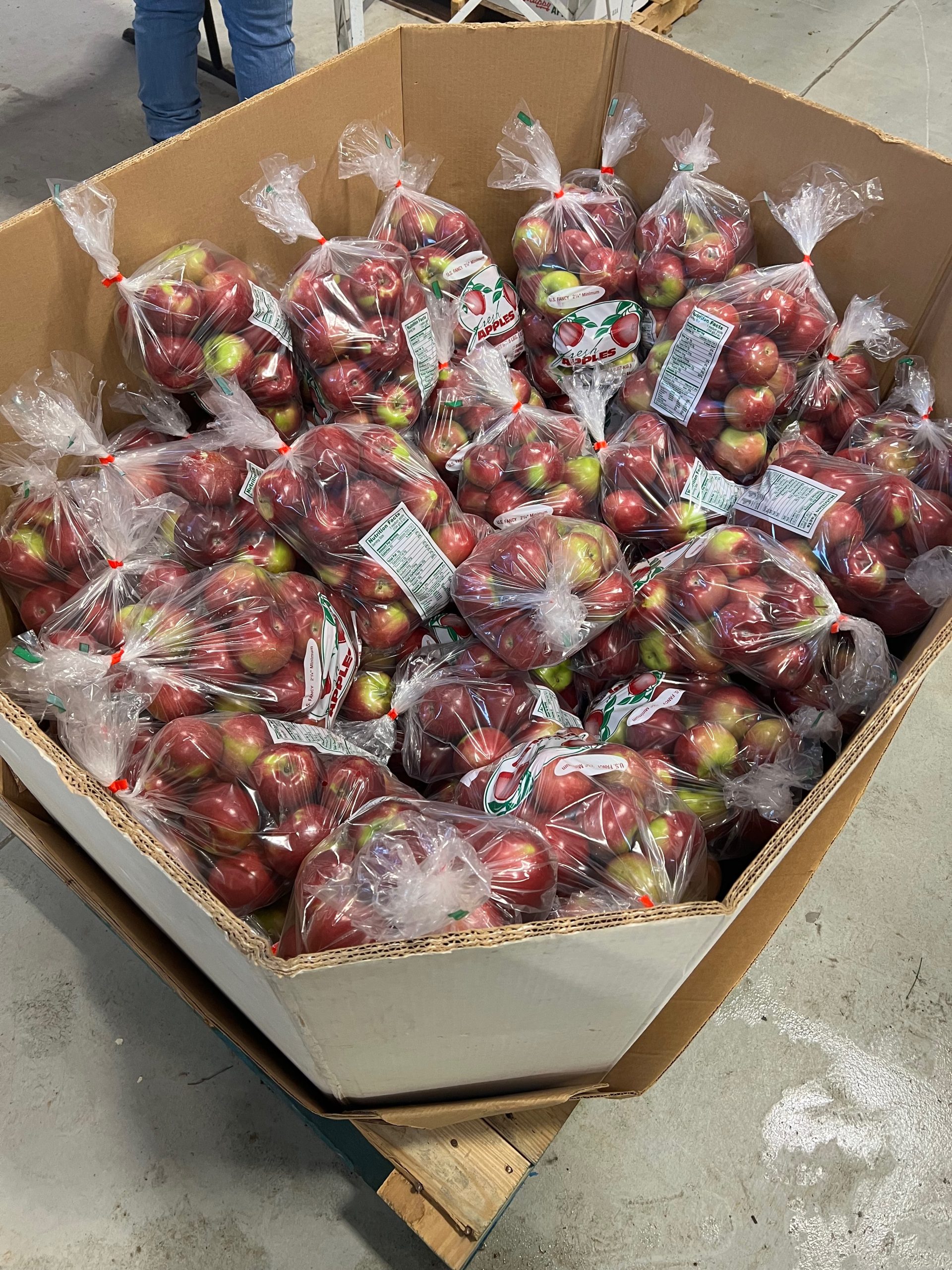 Cardboard bin full of bags of apples